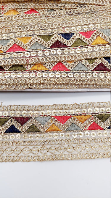 Tissue Fabric Sequin Border, Beige Shimmer Tissue Fabric Lace Trim Temple Embroidery, Decorative Trim